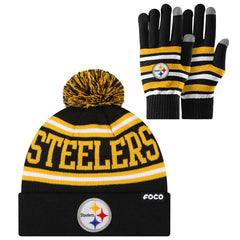 FOCO Pittsburgh Steelers NFL Logo Adult Stretch Gloves with Stripe Pom Winter Knit Hat Beanie Set Team Color