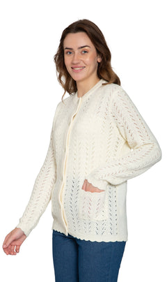 Women's Button Front Crochet Pointelle Cardigan with Pockets