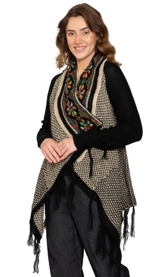 Women's Open Front Fringed Jacquard Weave Long Cardigan-Brandy Journey