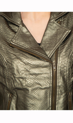 Women's Asymmetrical Zip Metallic Snake Pattern Moto Jacket