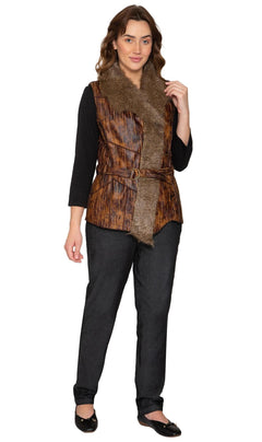 Women's Faux Fur Trimmed Belted Vegan Leather Vest-Brandy Journey