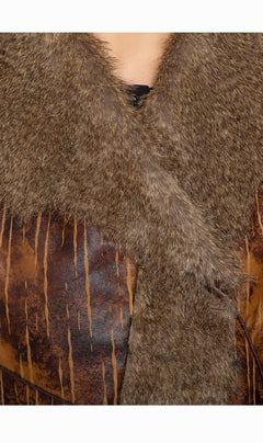 Women's Faux Fur Trimmed Belted Vegan Leather Vest-Brandy Journey
